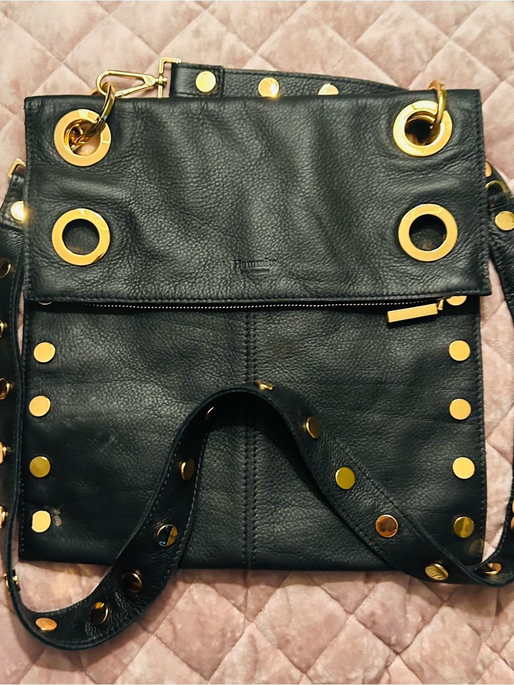 Hammitt Black Leather Crossbody with Gold Grommets